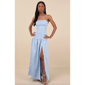 Lulu's Pale Blue Strapless Maxi Gown with High Slit